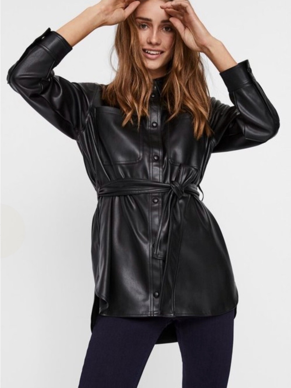 Vero Moda Black Faux Leather Tie-Waist Shirt Jacket